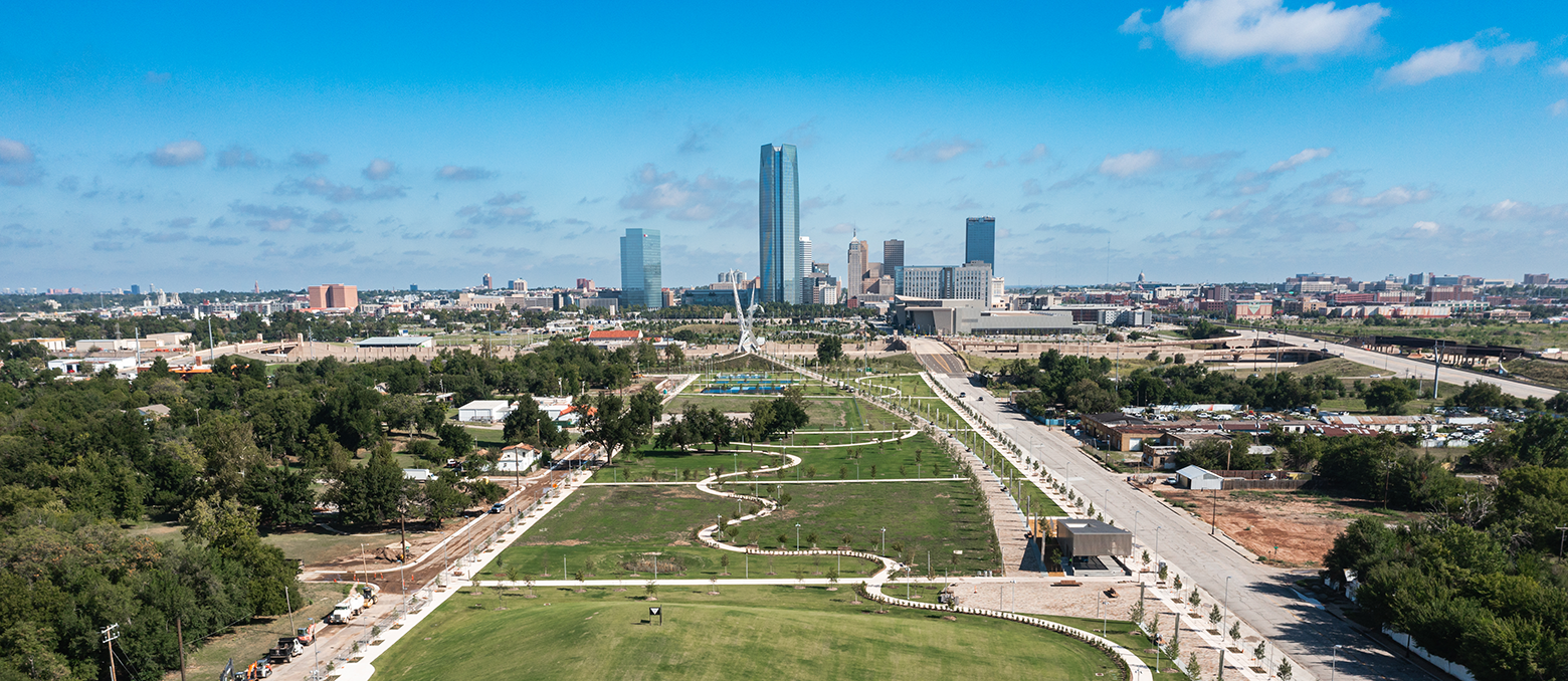 The downtown skyline looking north from Scissortail Park.