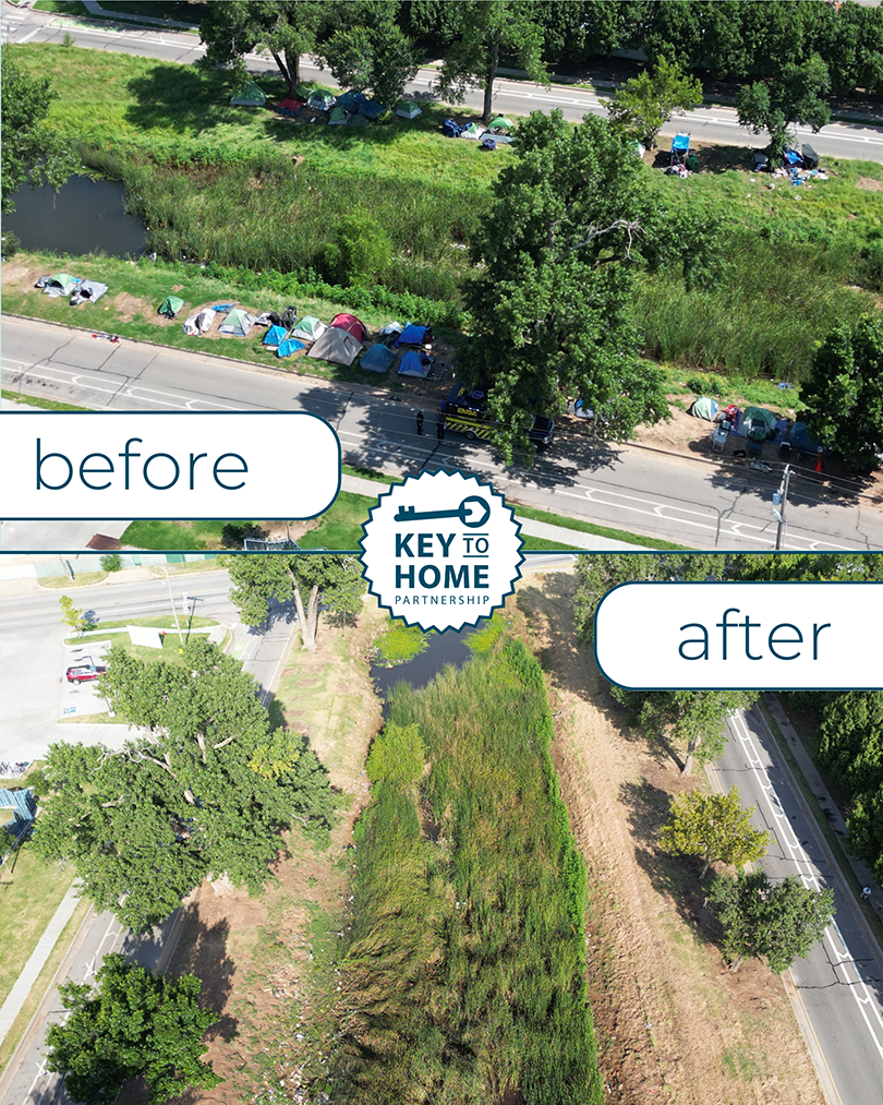 long row of tent along road (before view) and drone view of cleared area (after view)