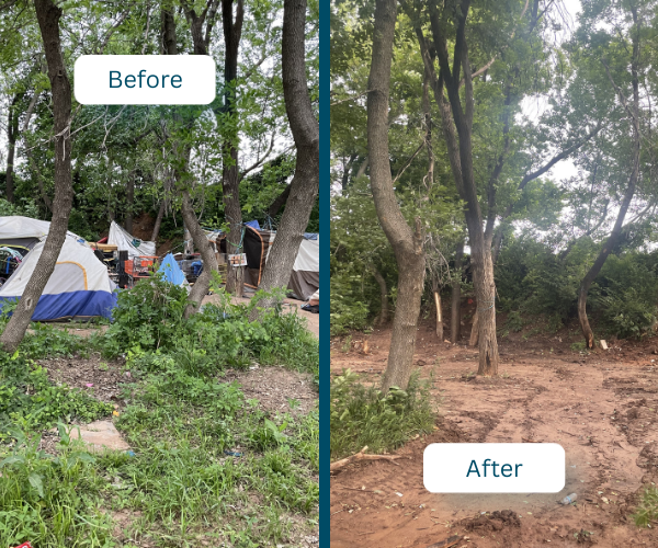 homeless encampment with tents next to after photo of a cleared out forest area