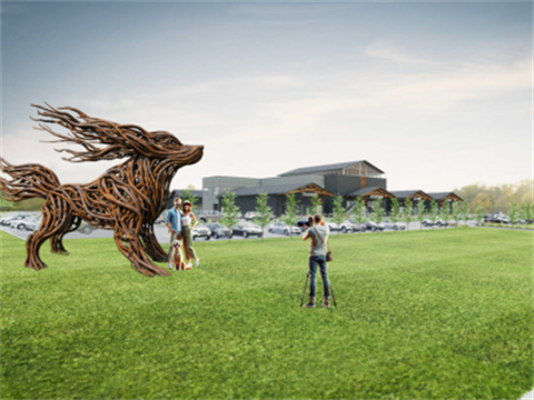 Dog sculpture rendering with people standing in front of it