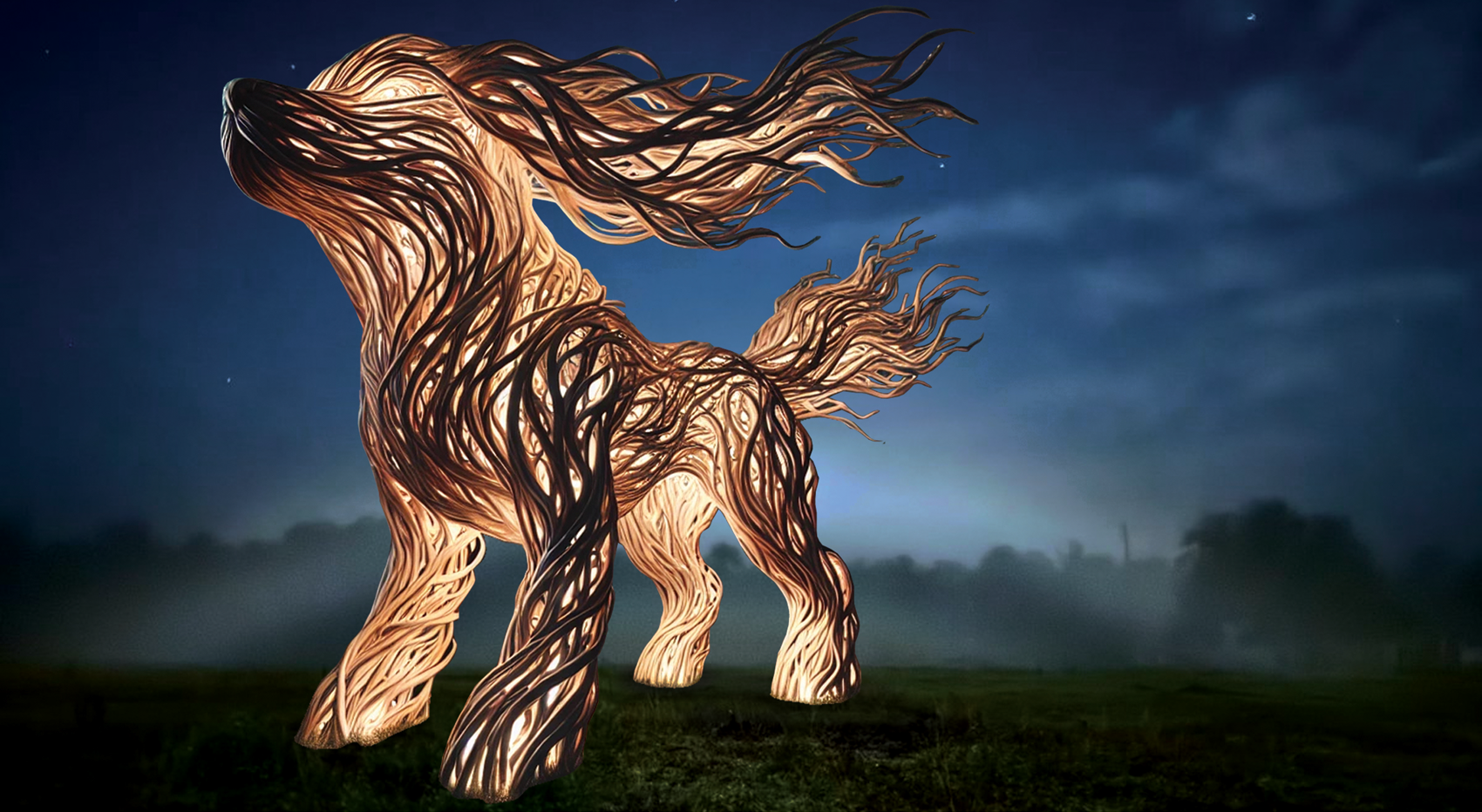 rendering of massive metal dog sculpture at night