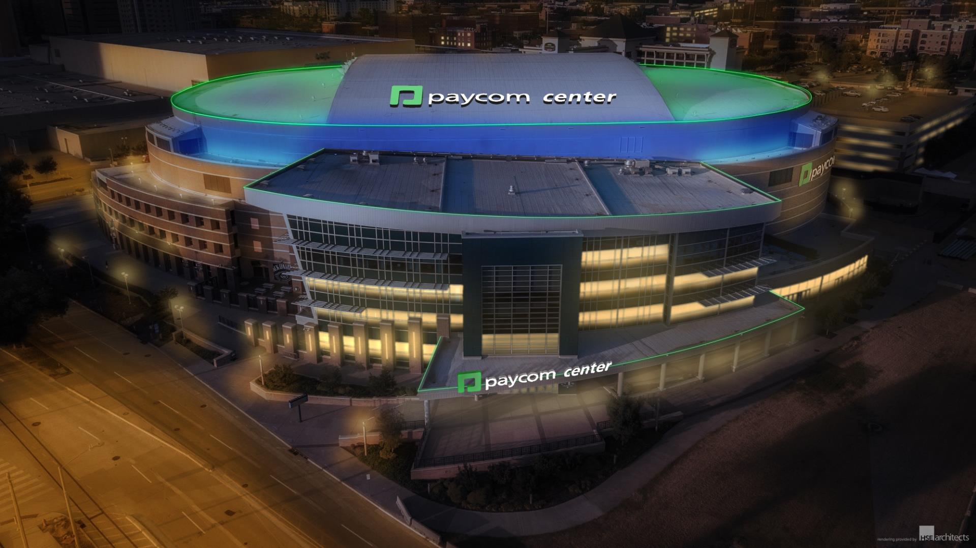 The Paycom Center captured at night in a photograph.