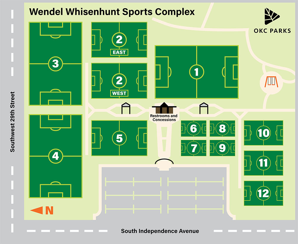 A map shows locations of soccer fields. 