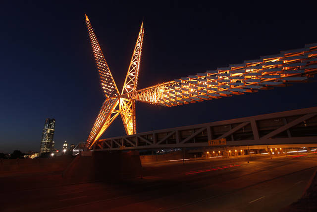 SkyDance Bridge lit up at night