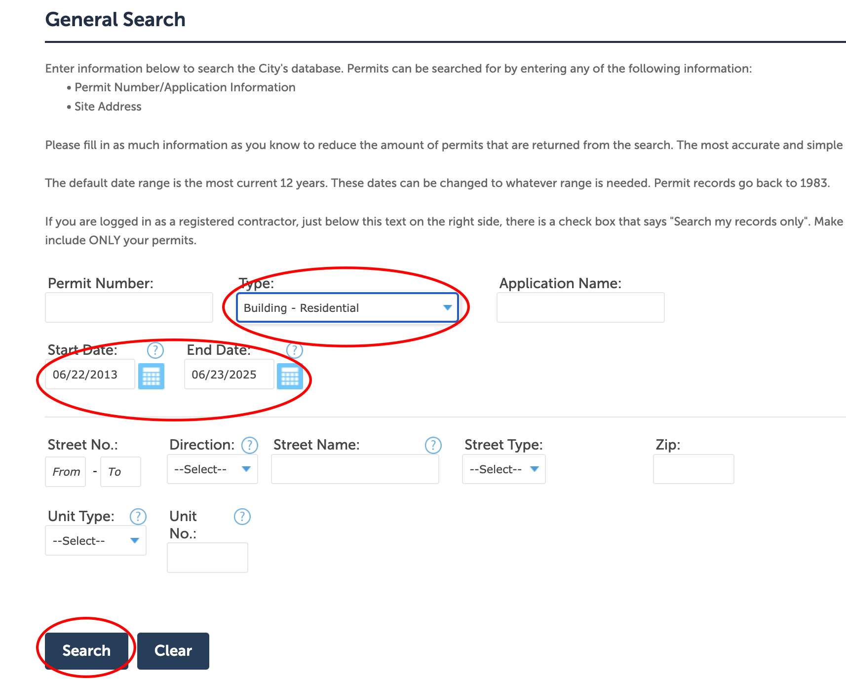 A screenshot with the field permit type circle and the search button circled as well.