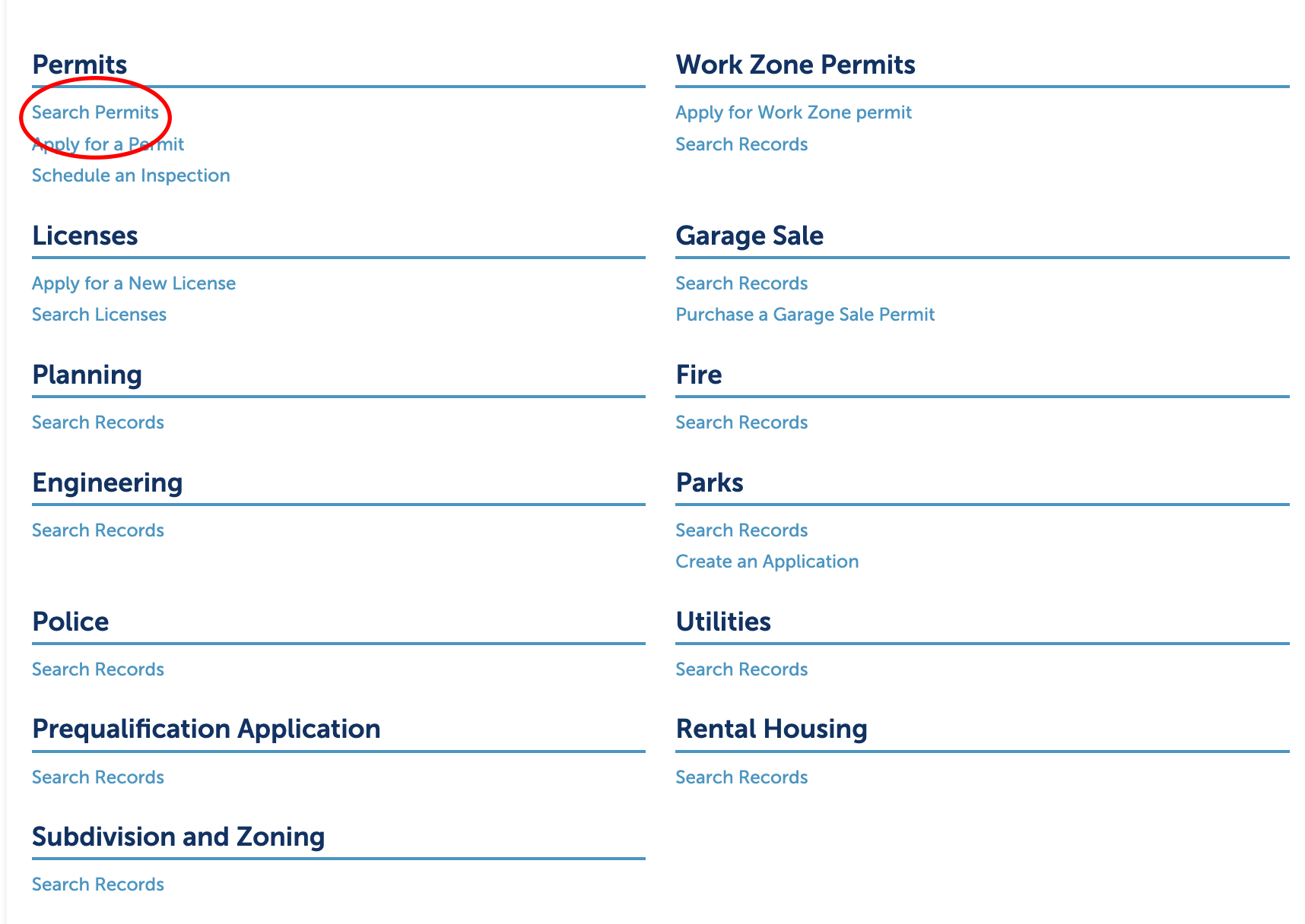 A screenshot of the of the action items on the Citizen Access Portal. There is a red circle around search permits.