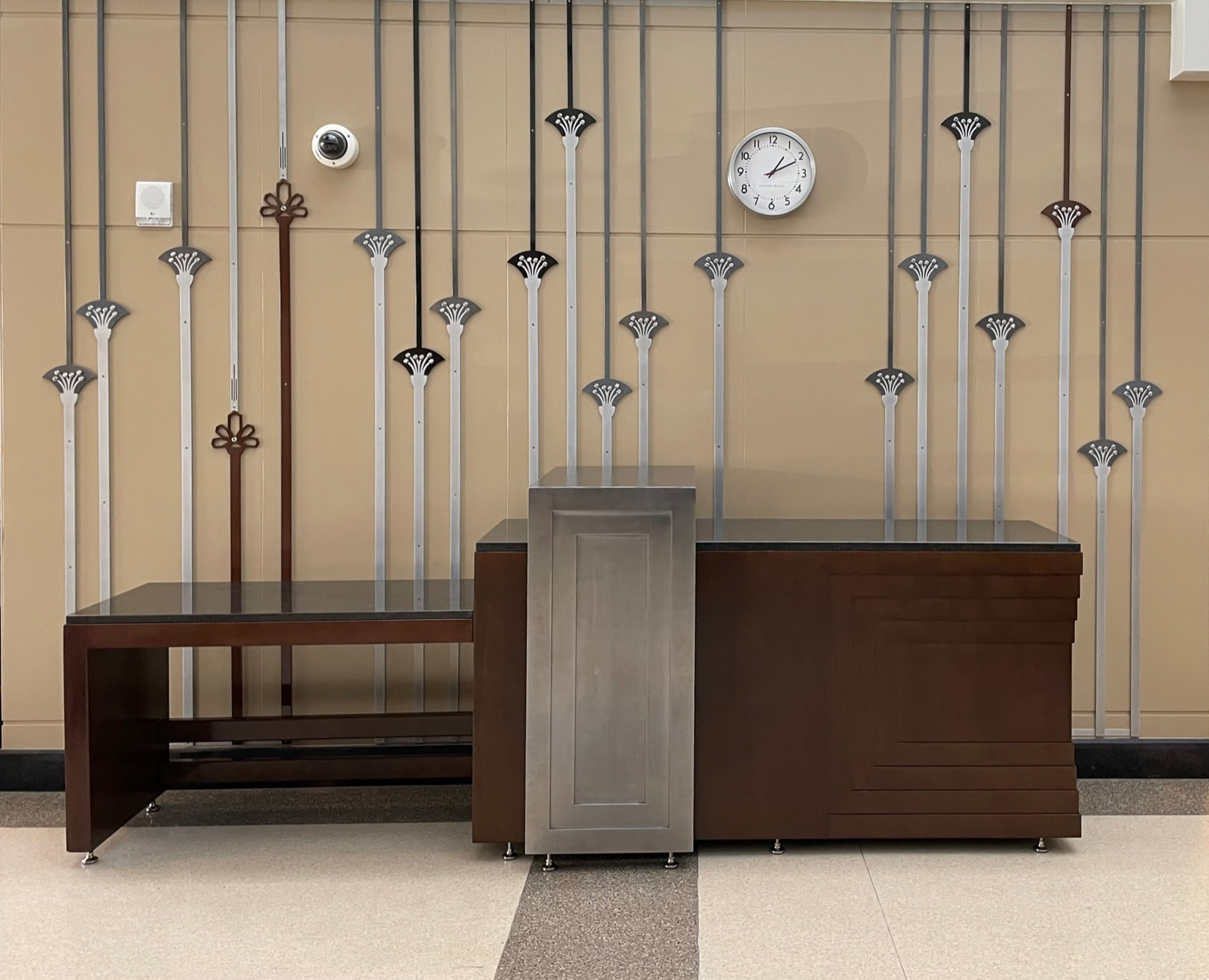 metal sculptures above desk