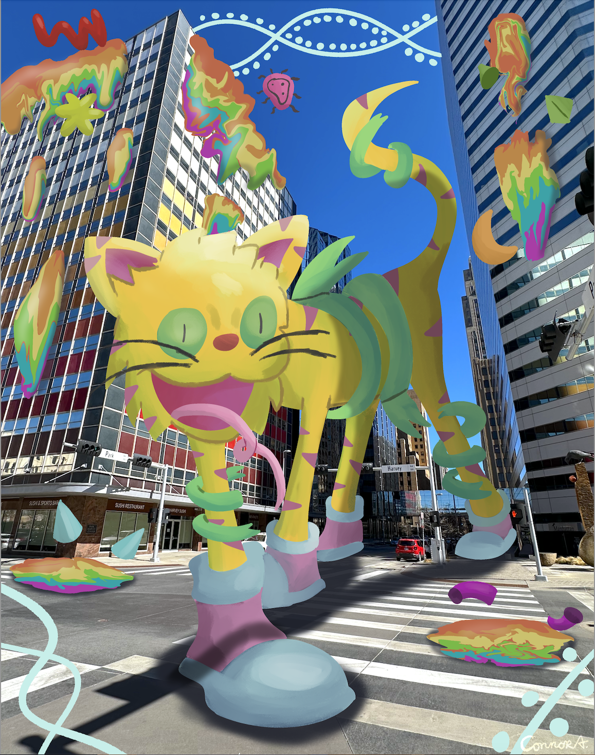 illustration of large cat walking downtown
