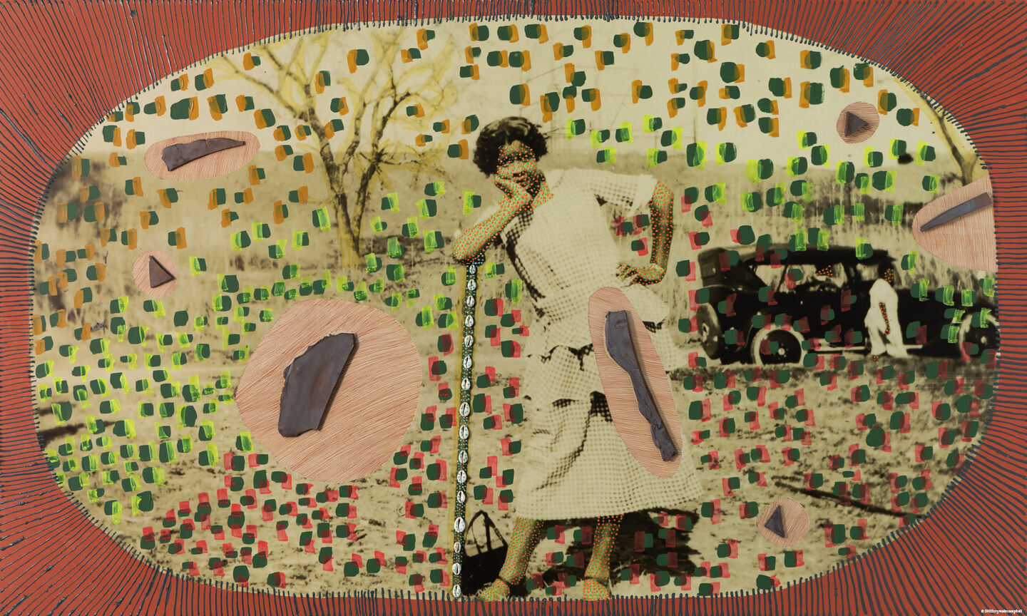 art of black woman leaning with model T in the background