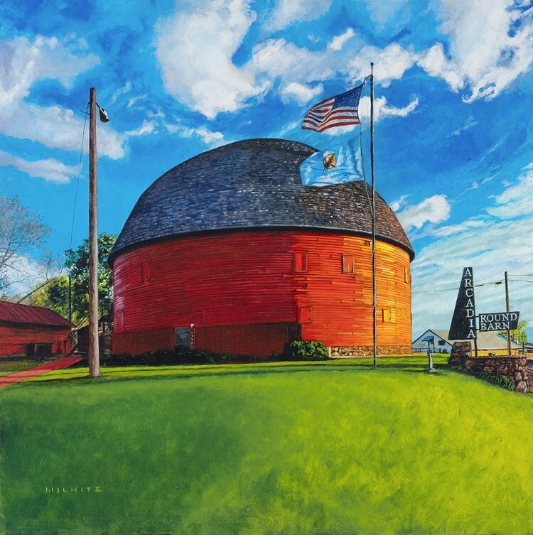 painting of a red round barn