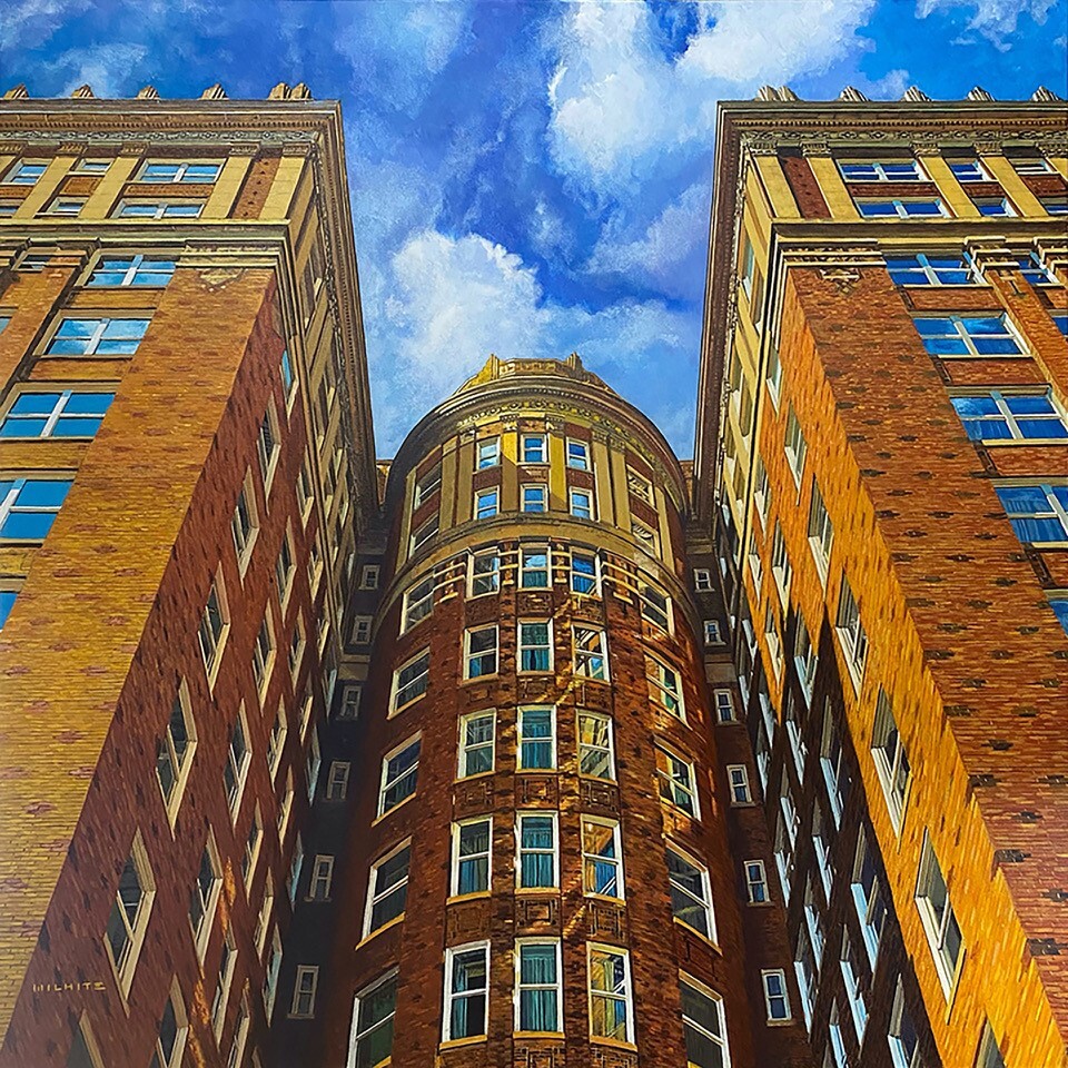 realistic painting of Skirvin hotel looking up