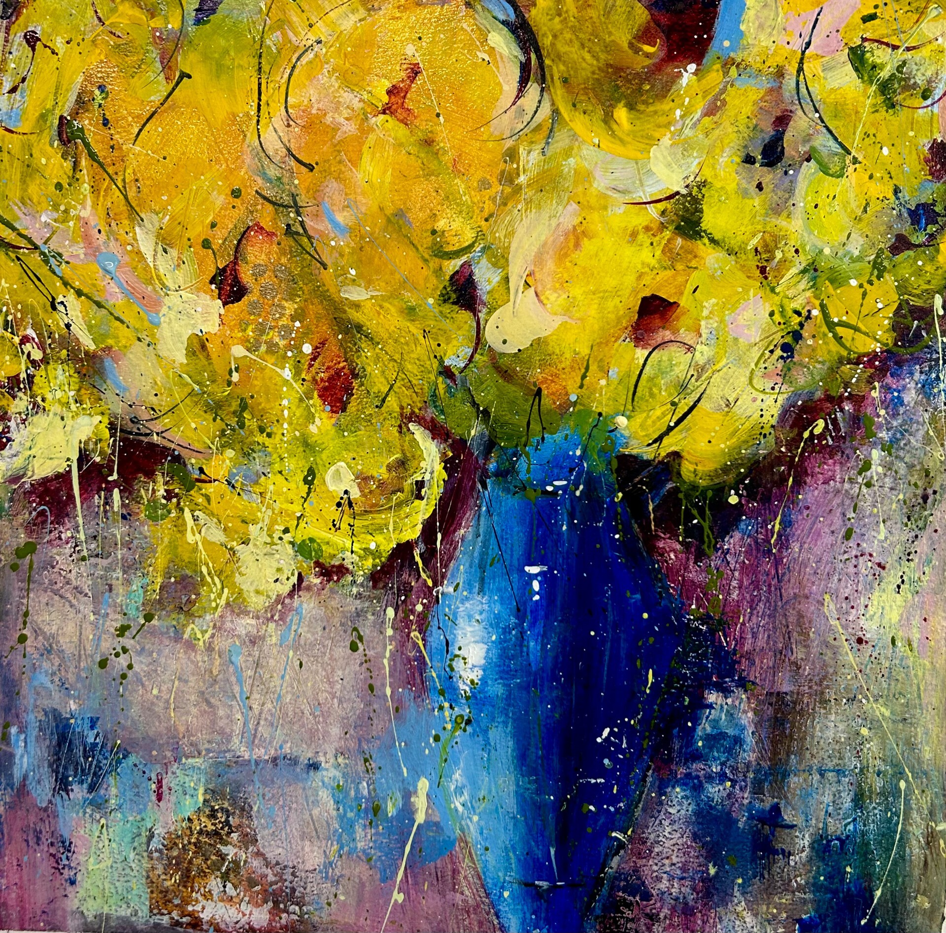 abstract painting with yellow blue and purple
