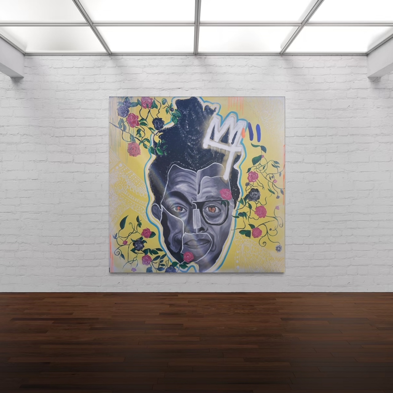 painting of man in gray scale surrounding by bright yellow and pink flowers
