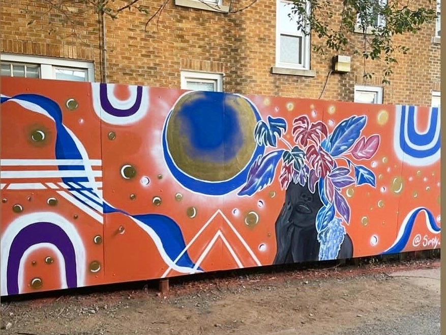 orange and blue mural with shapes and woman's face with plants coming out of it