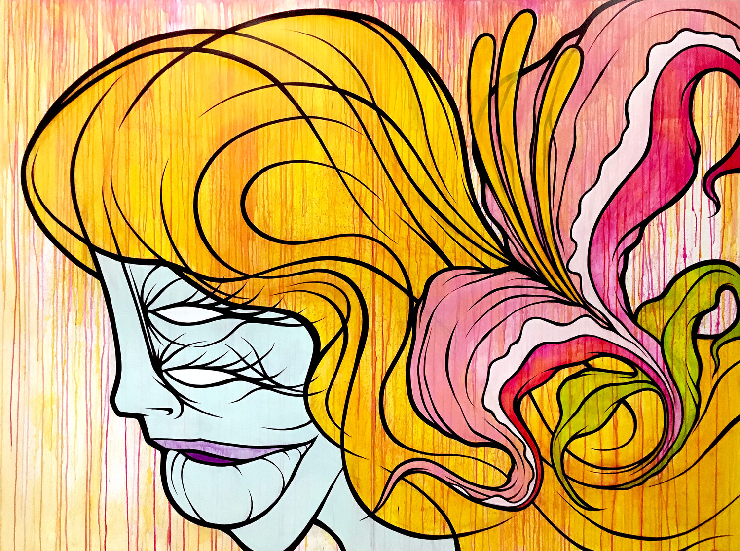 zombie like woman with big pink flower in her yellow hair