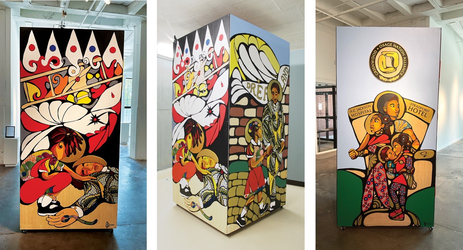 three panels with painted wood scenes