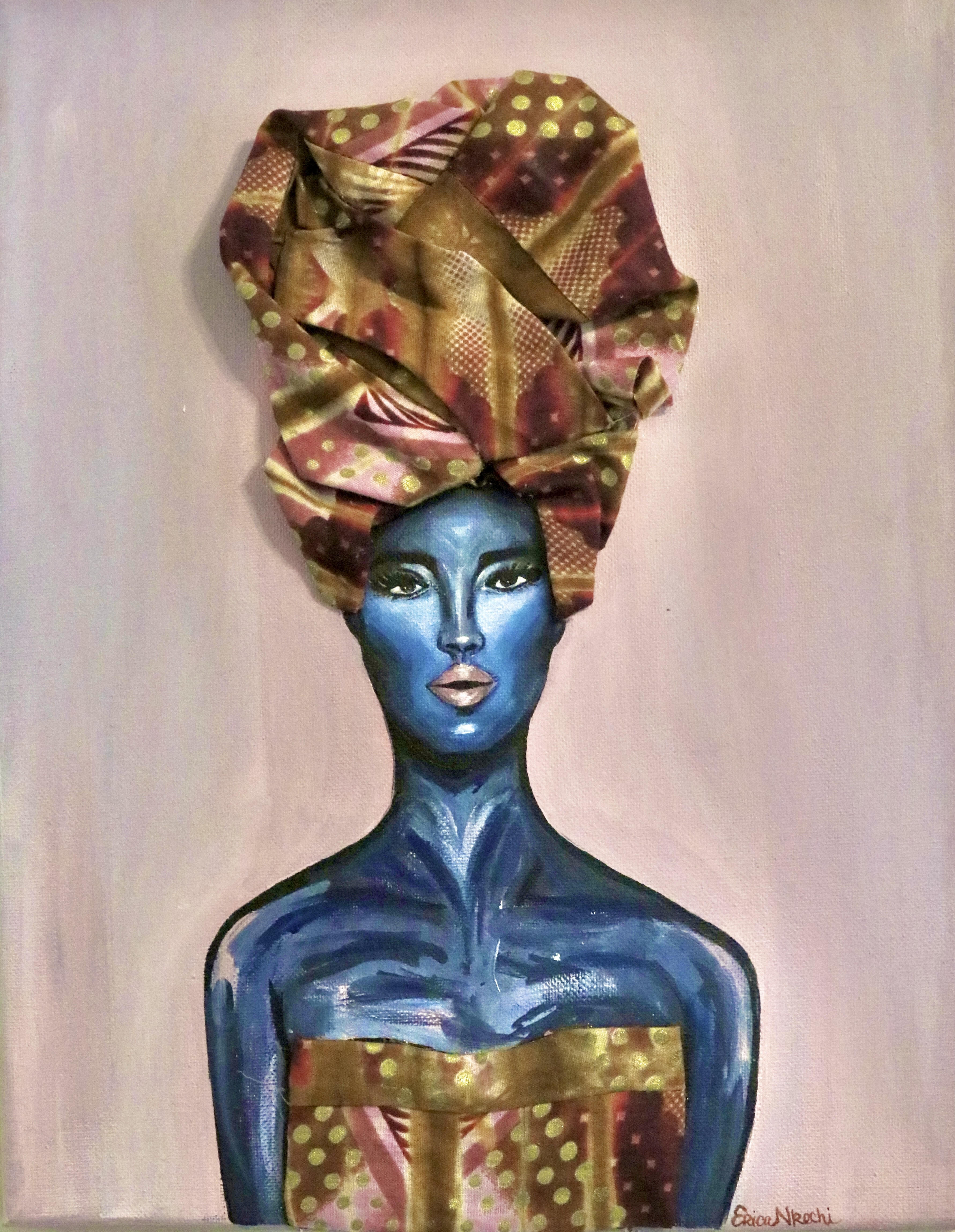 blue woman in large pattern headdress