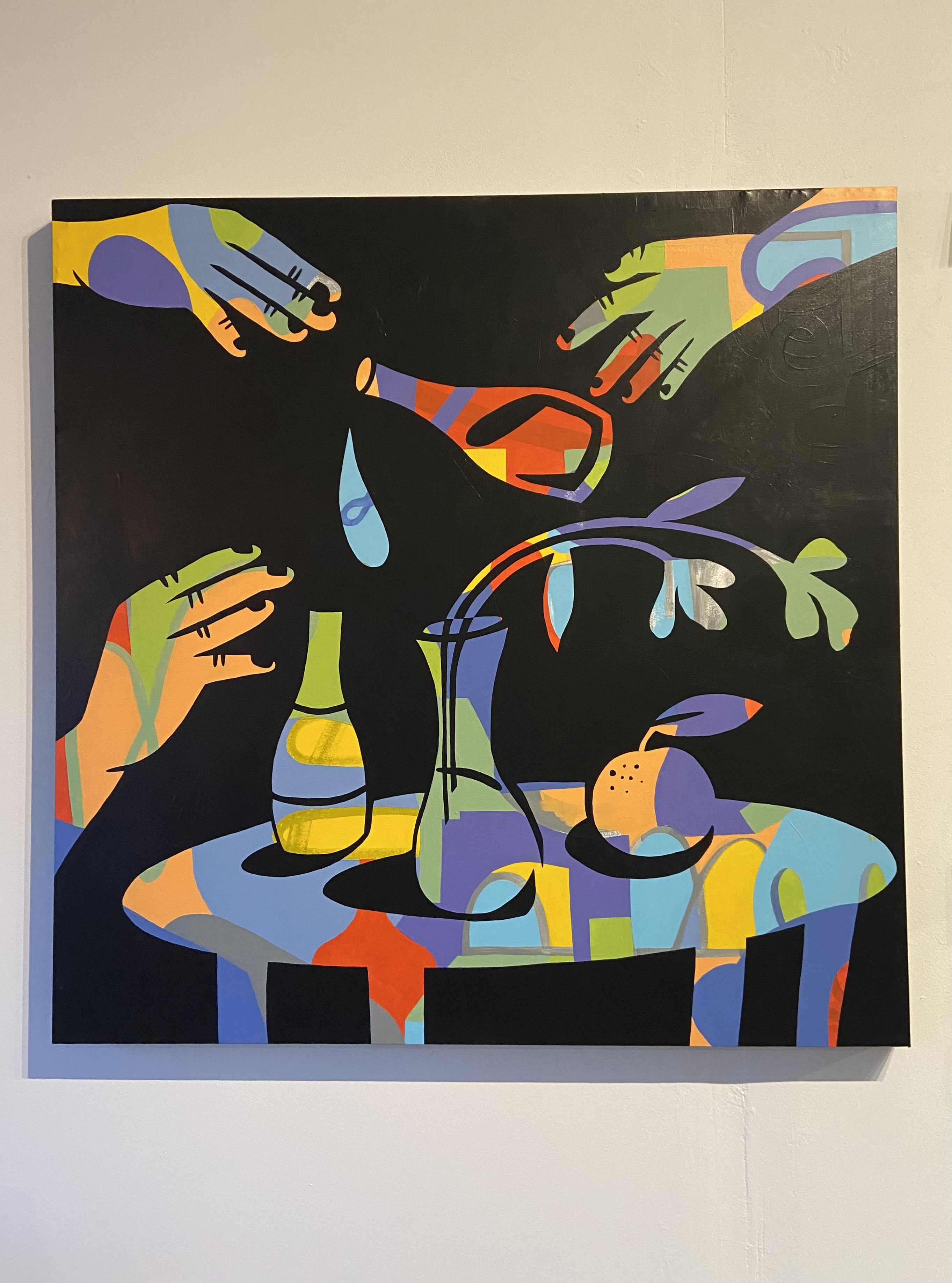 painting of table with bottle spilling