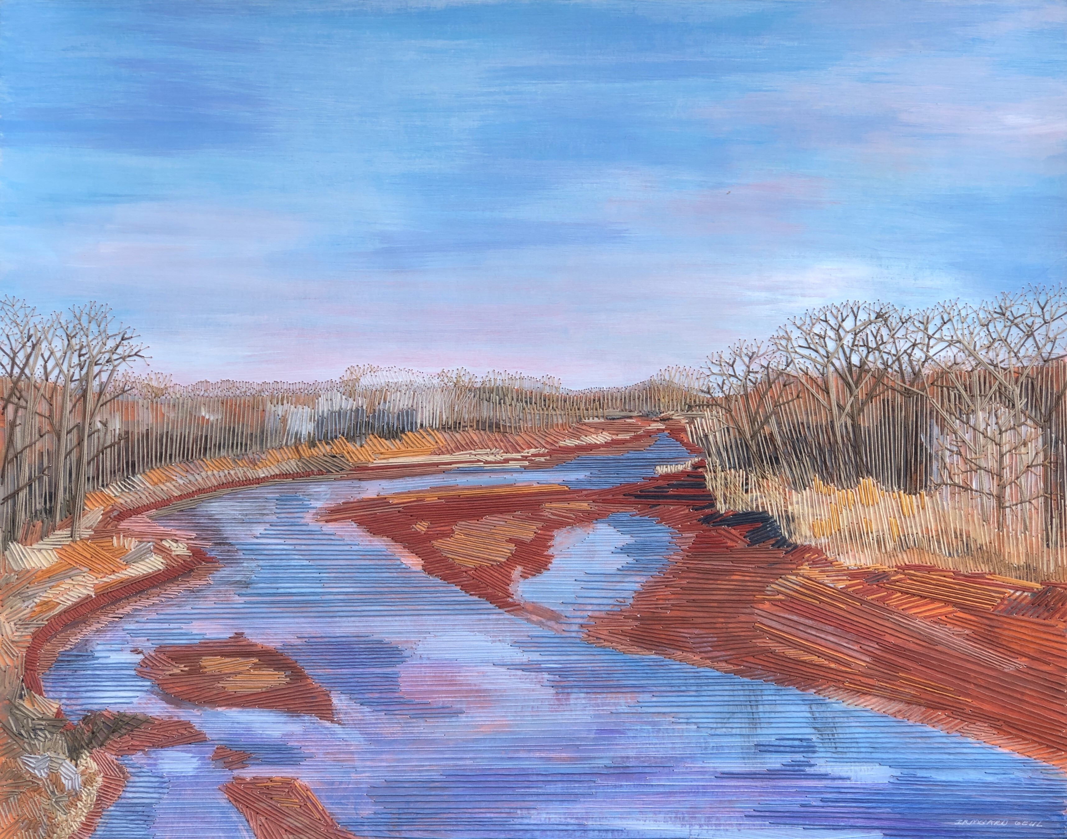 fiber art of river bank scene