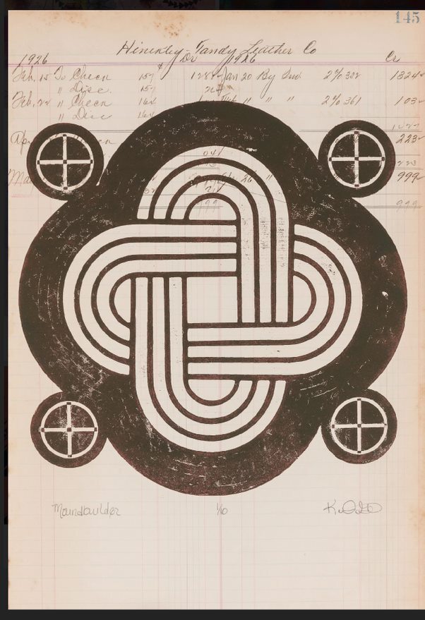 Woodblock relief on 1926 ledger paper