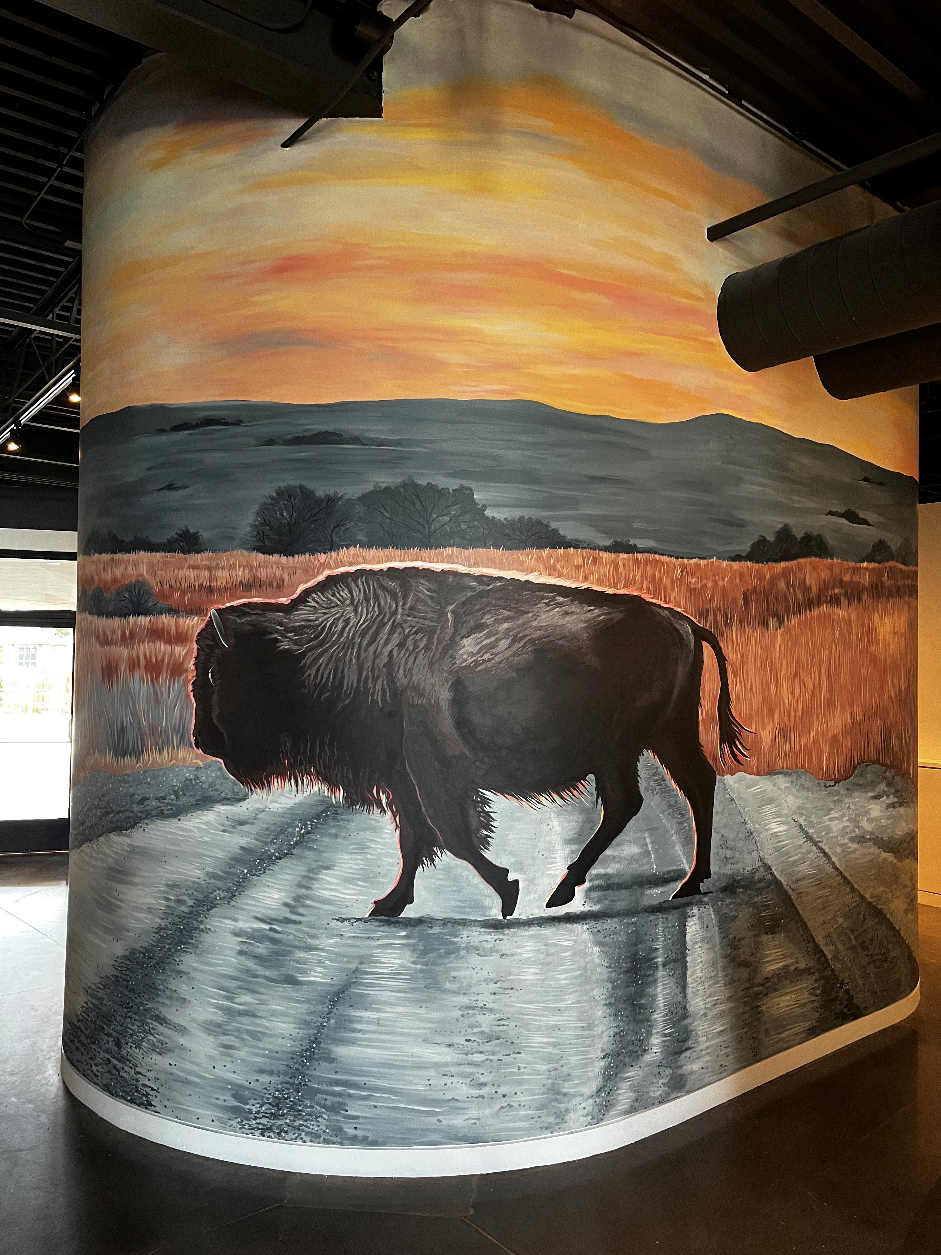 mural of bison at sunset on curved wall