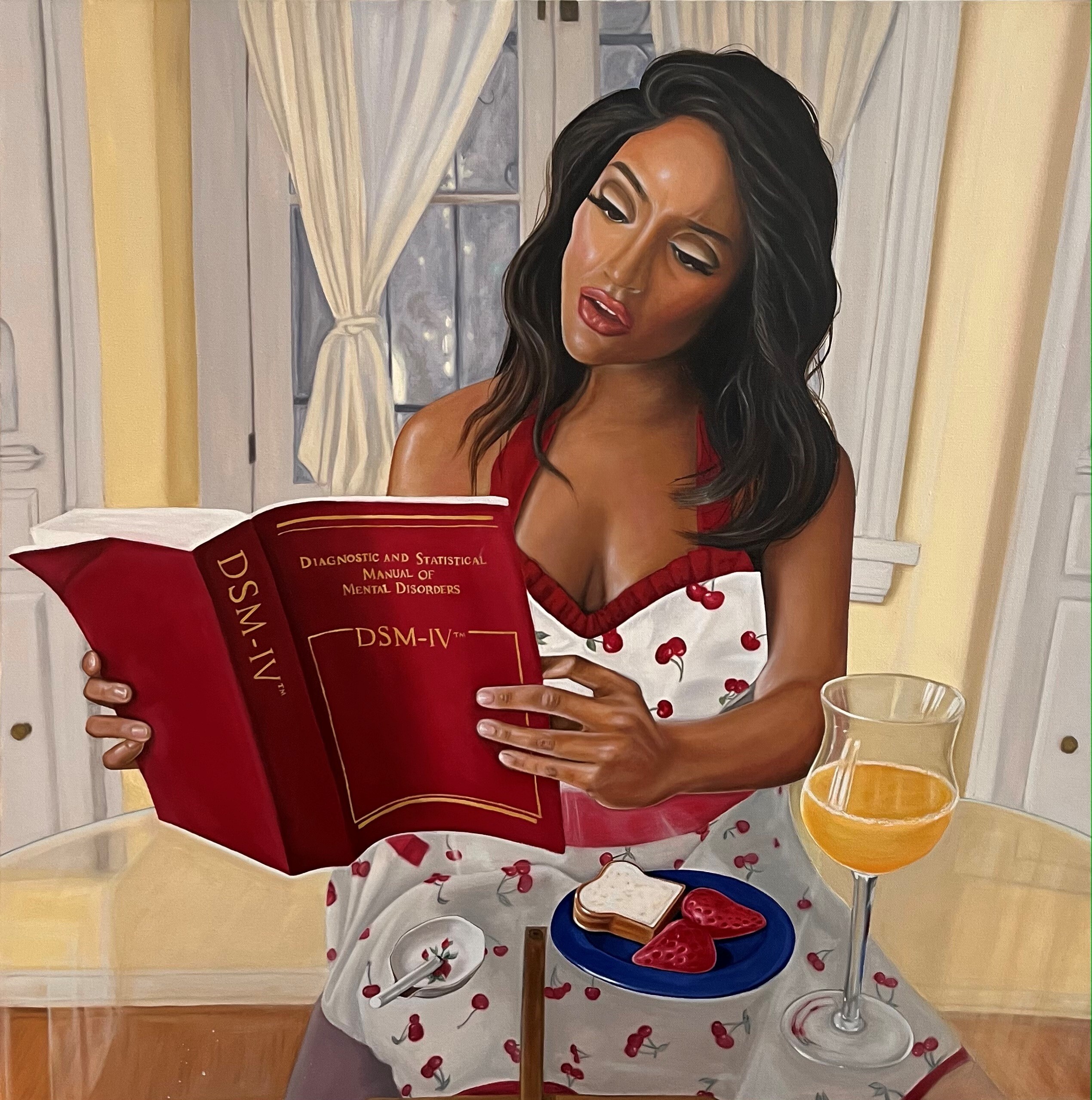 woman in cherry print dress reading book on mental disorders with food and wine on the table