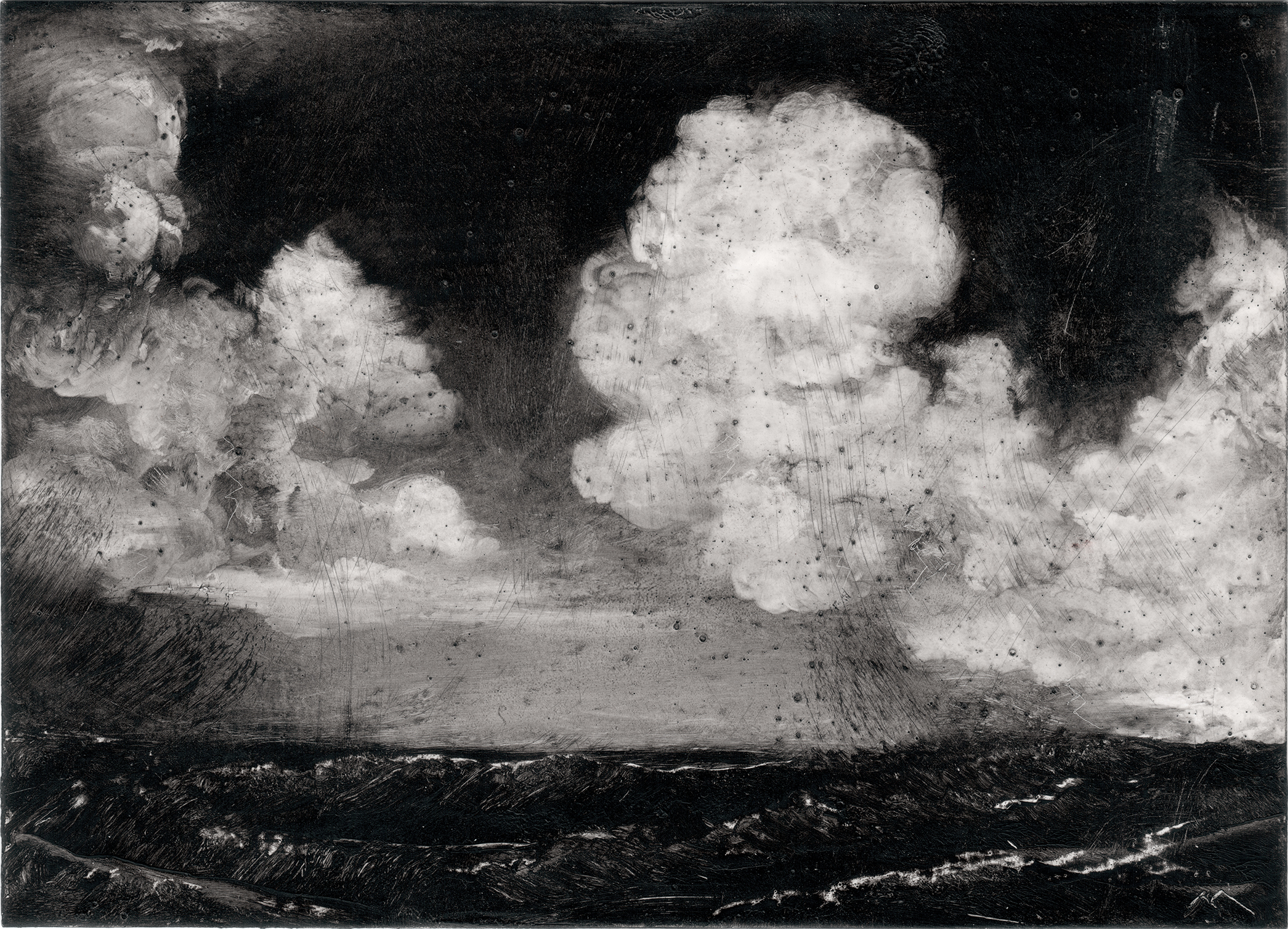 grayscale painting of cloudscape