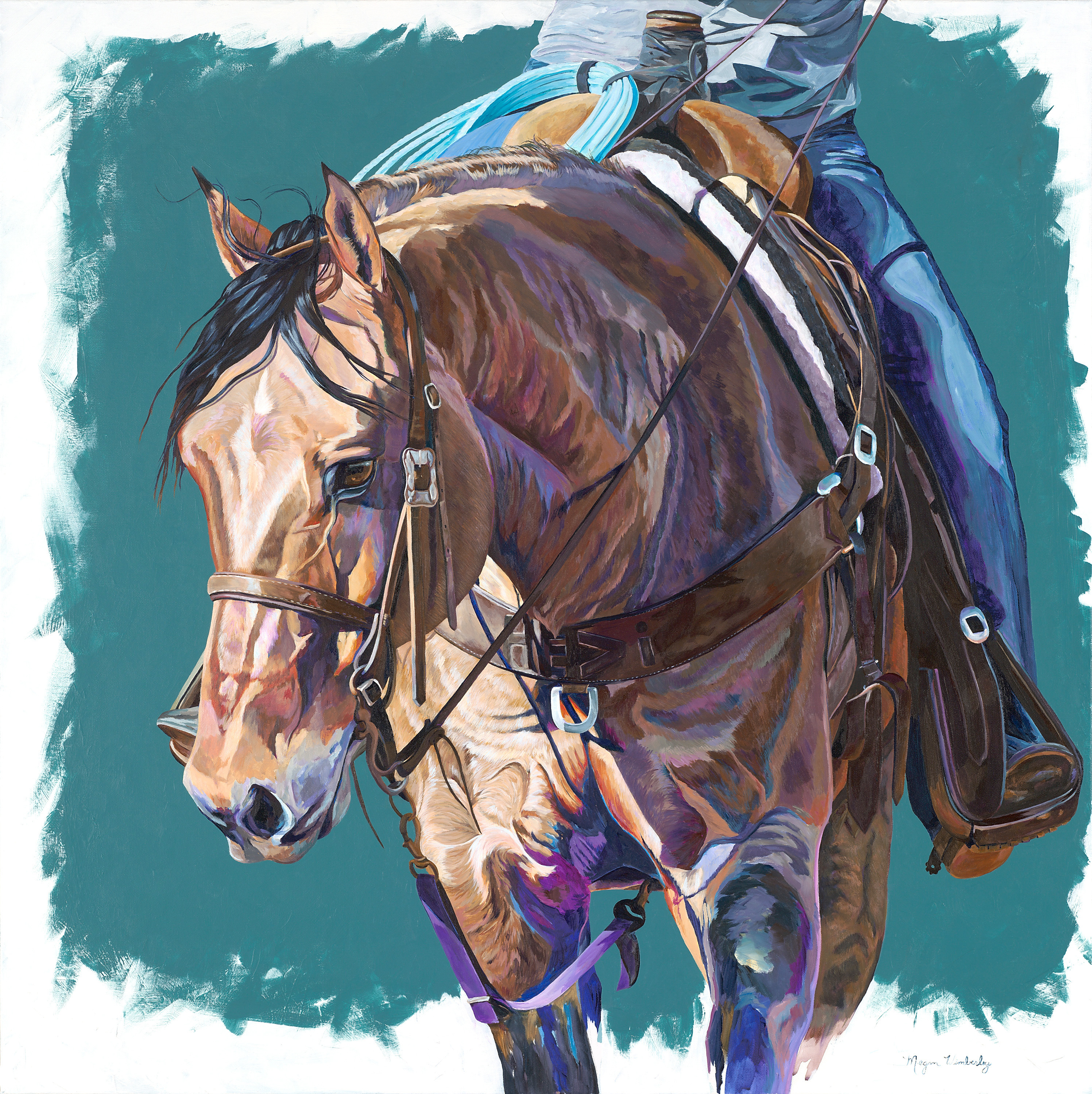 painting of brown horse with person riding it