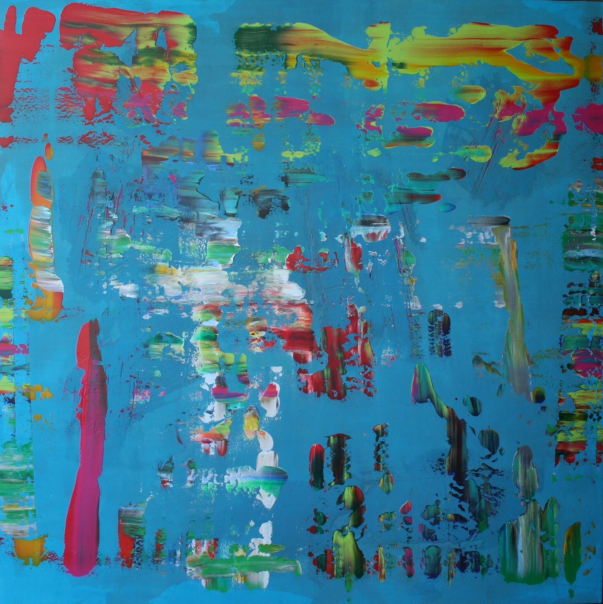 abstract blue painting with swipes of other colors
