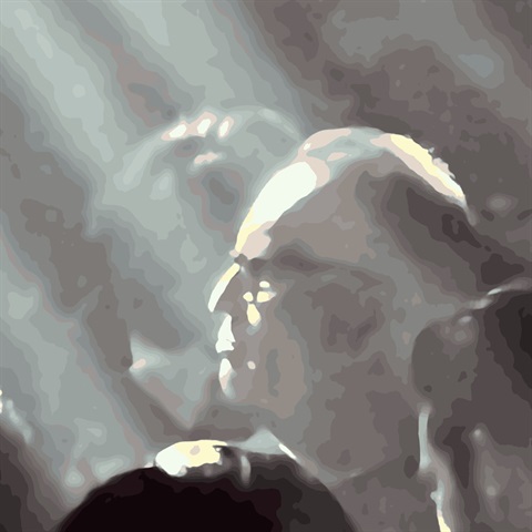 blury painting of guy walking through crowd