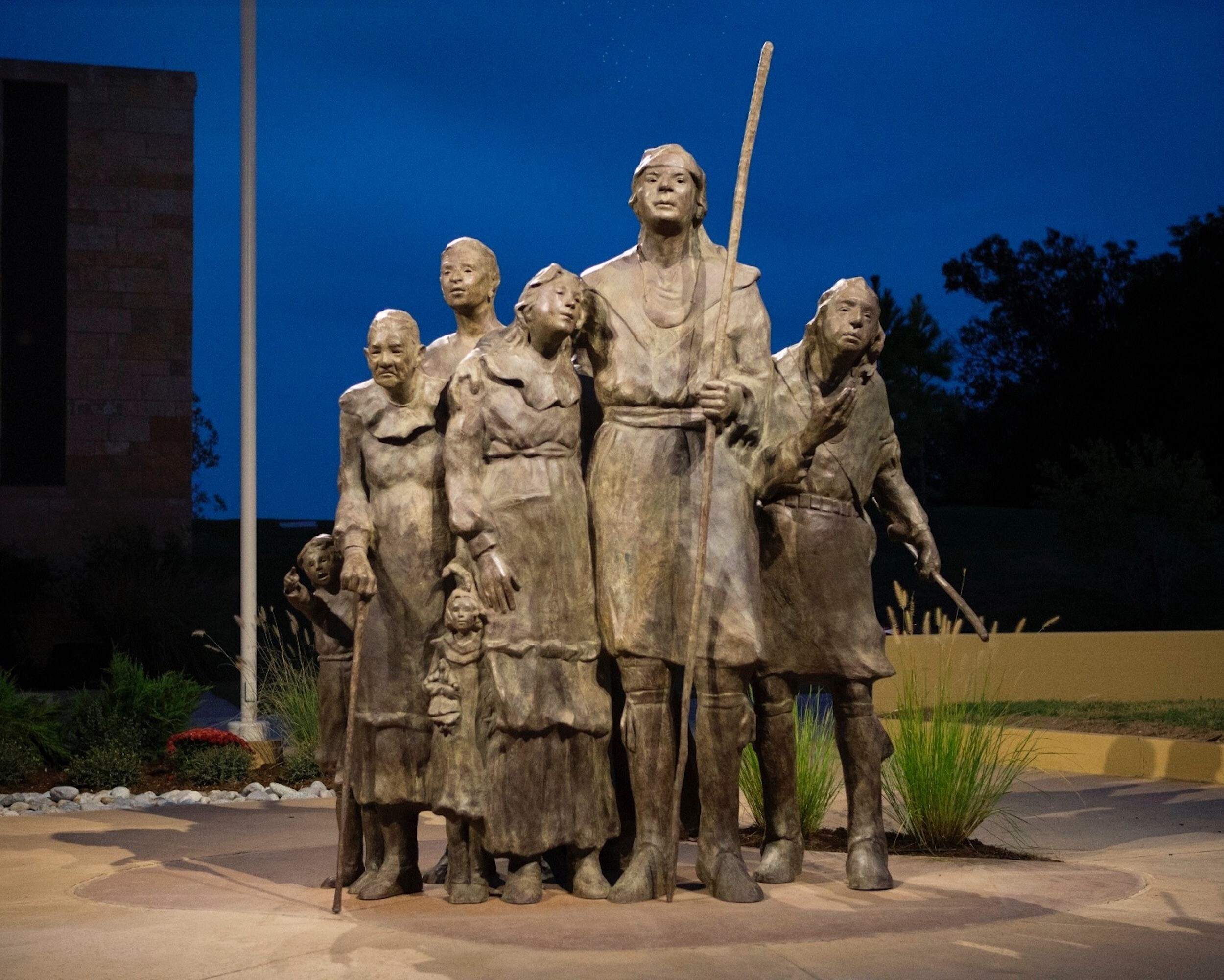 sculpture was commissioned for the Chickasaw Cultural Center and depicts a Chickasaw family arriving at their new homeland after removal