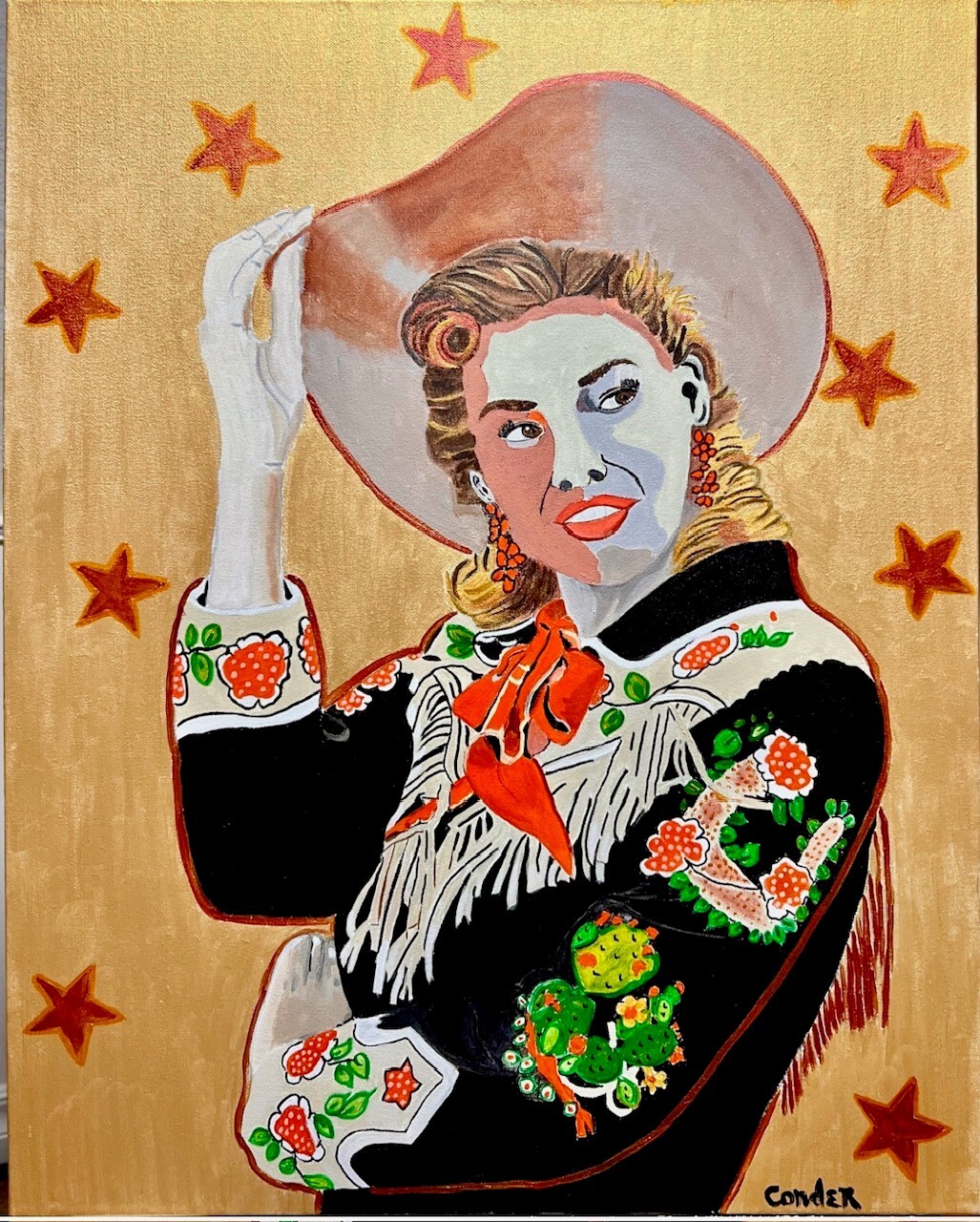 painting of cowgirl in colorful pearl snap and cowboy hat