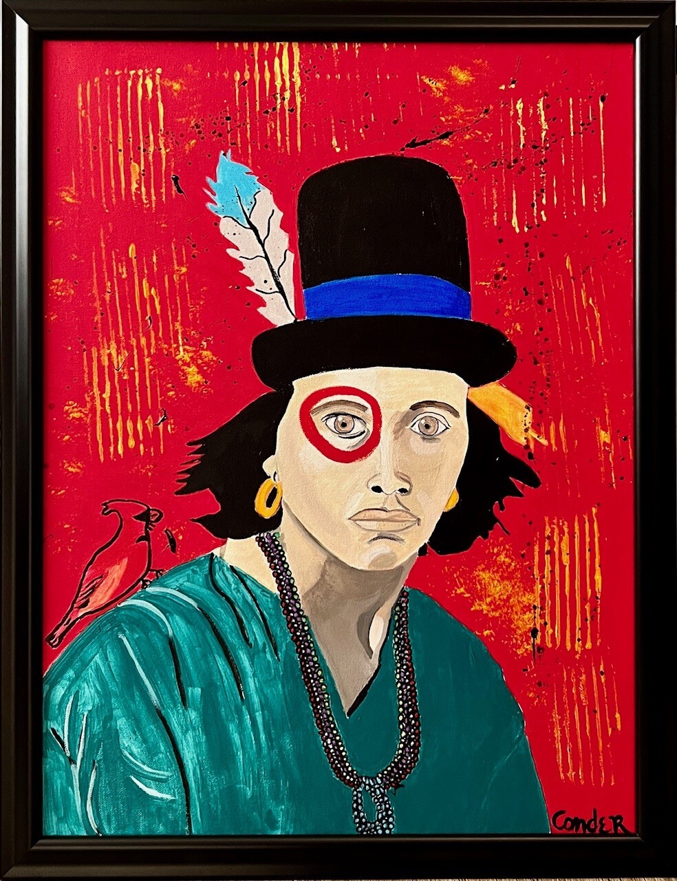 man with top hat and red paint around one eye