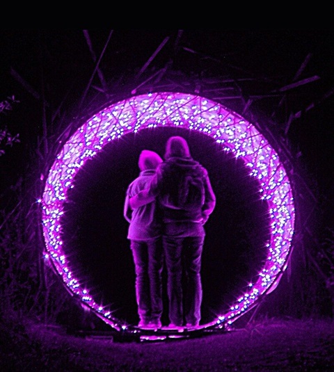 cirlce sculpture with purple lights and two people standing in it