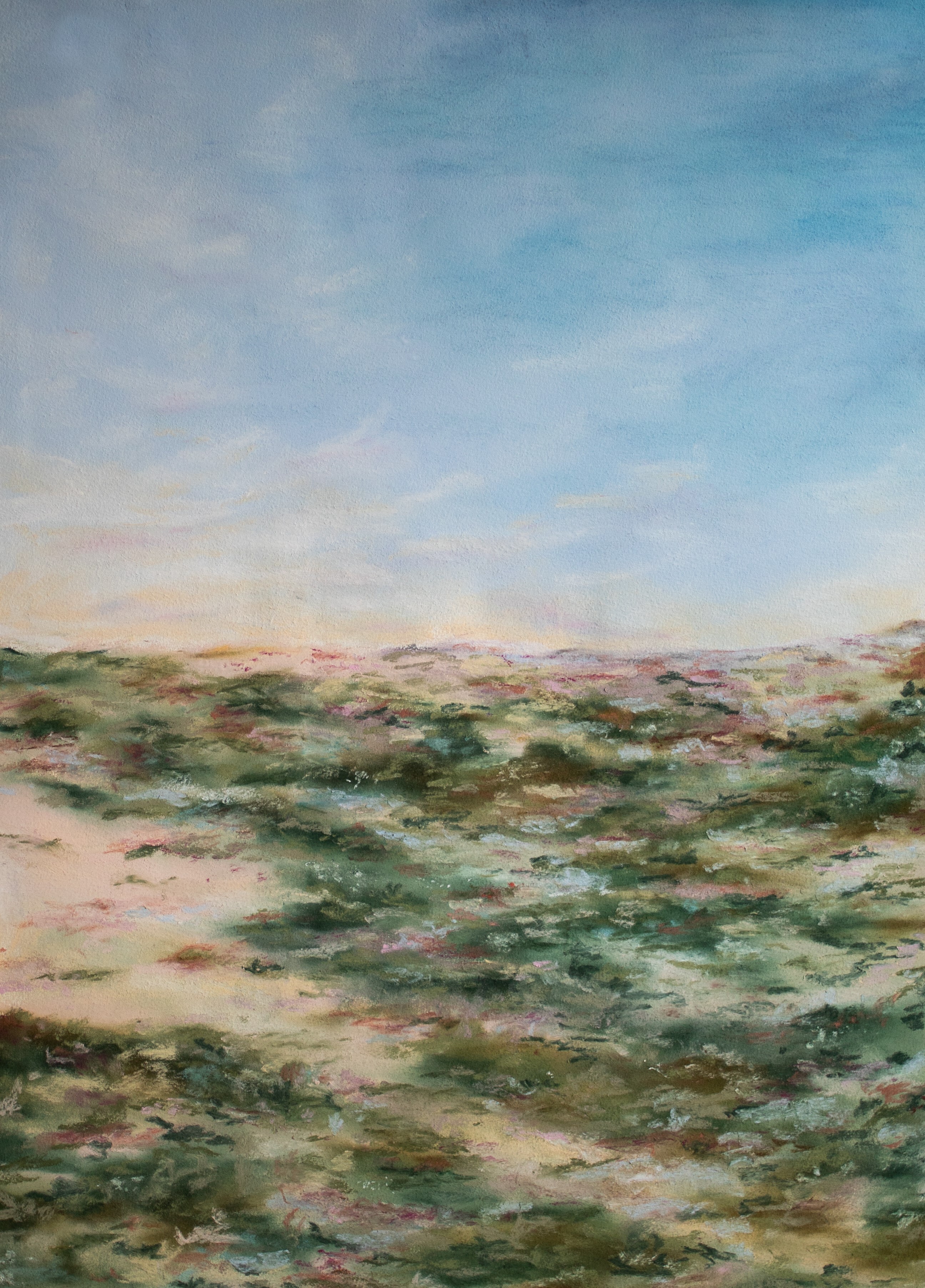painting of beachy scene above dusk sky