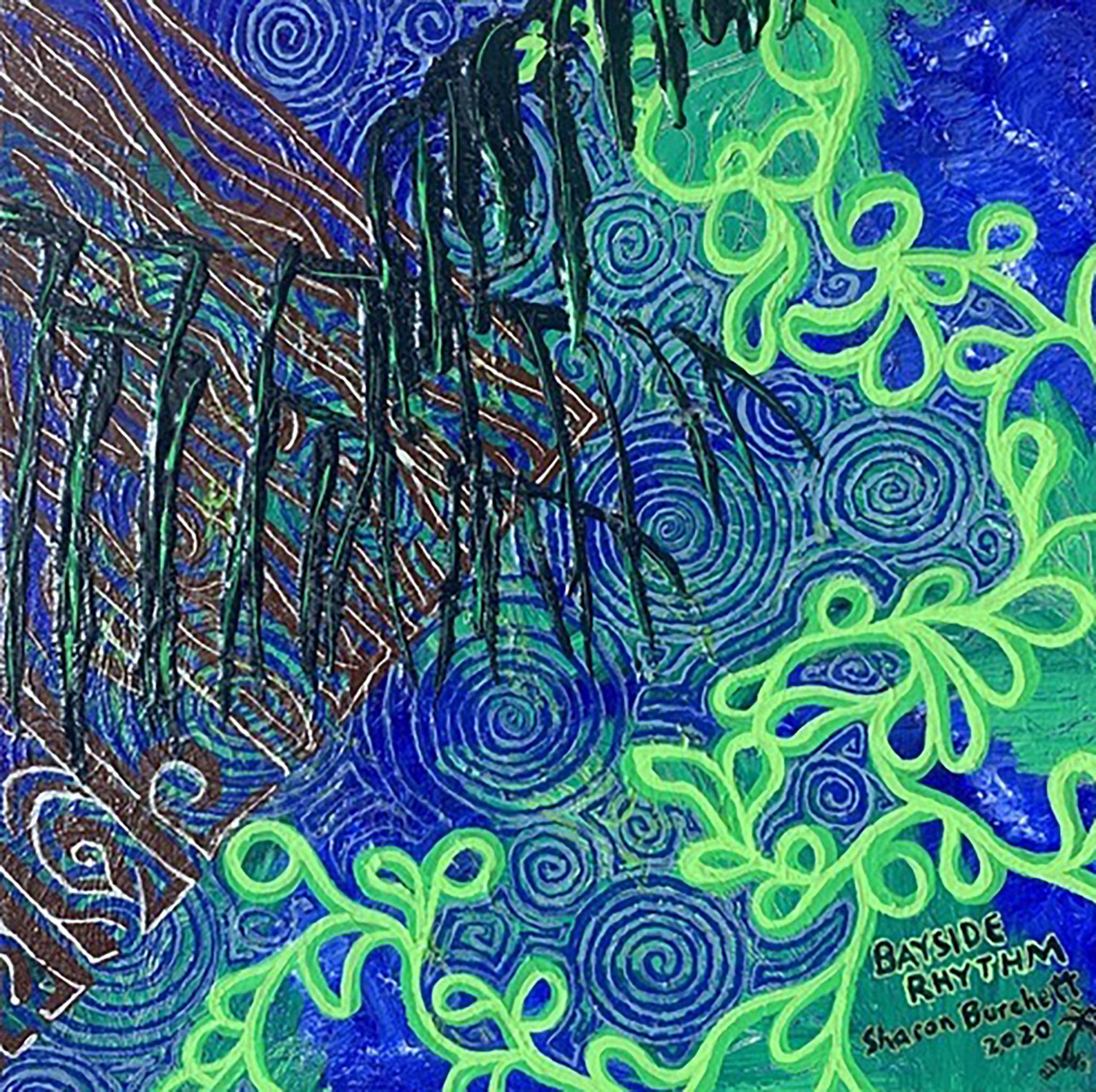 abstract art with blue. lime green and gray