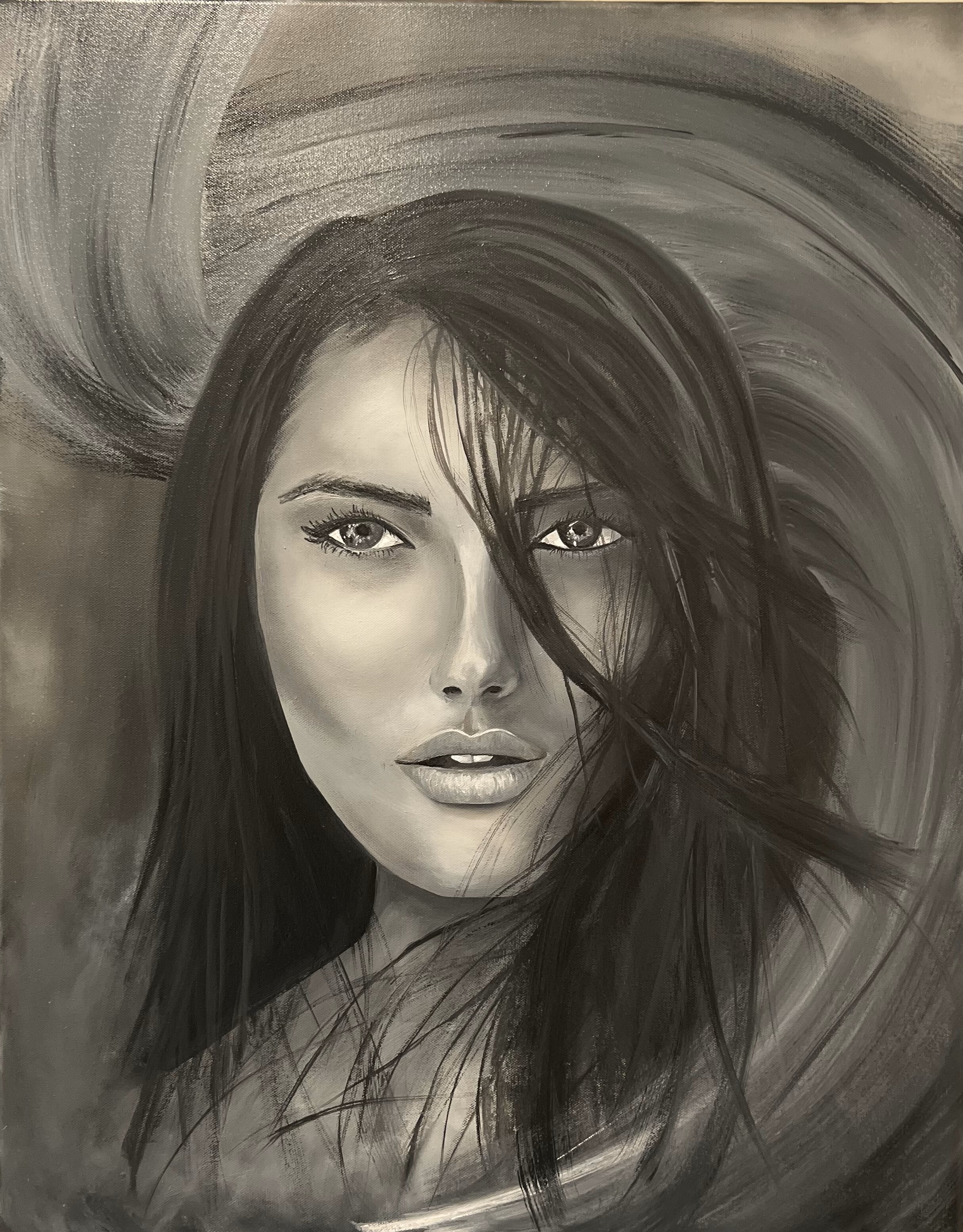 grayscale painting of woman with dark hair