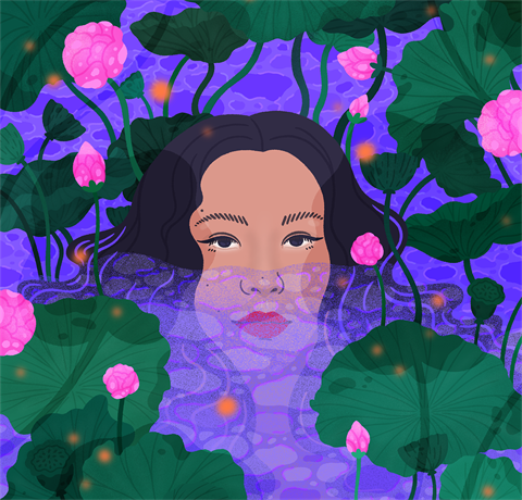 painting of lady in water with lilypads around her