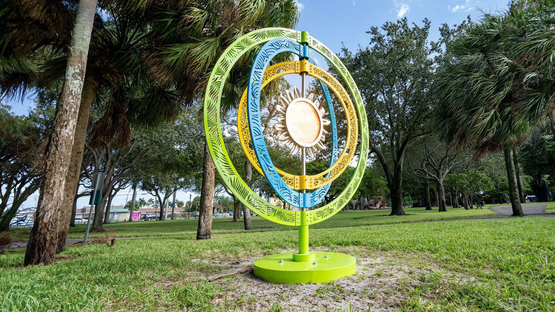 aluminum sculpture with three concentric rings
