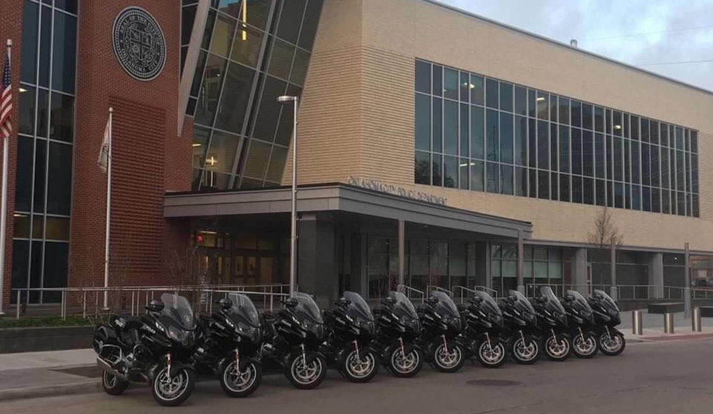 Motorcycles lined up in front of OKCPD headquarters