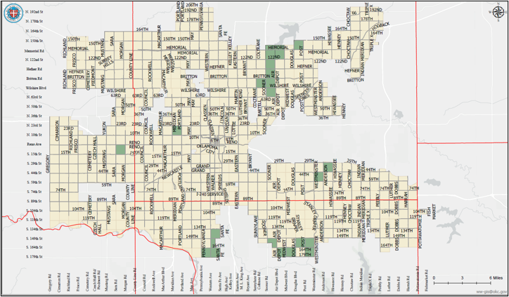 okc map that is green coded boxes