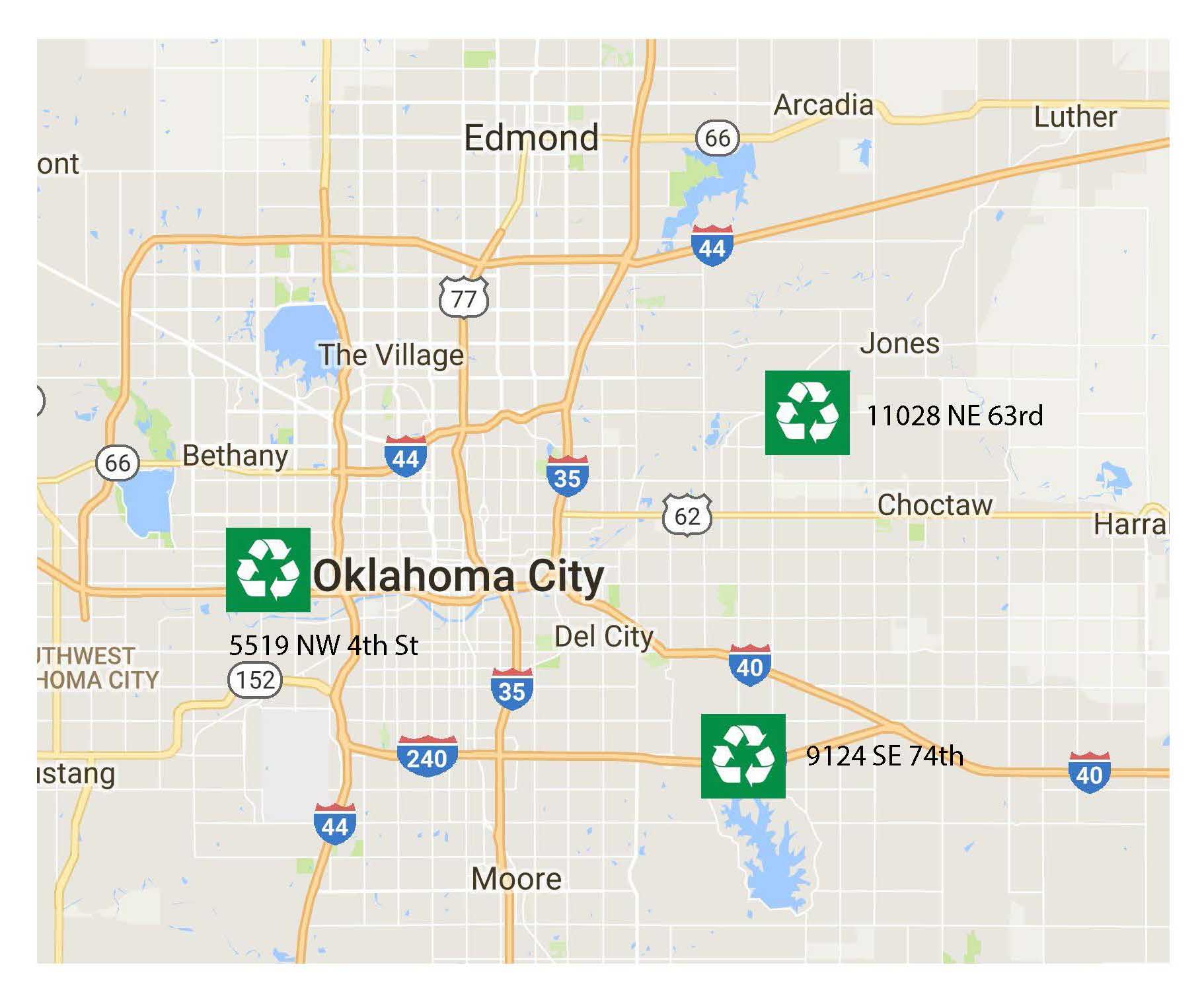 A map graphic showing the location of the three drop-off recycling locations.